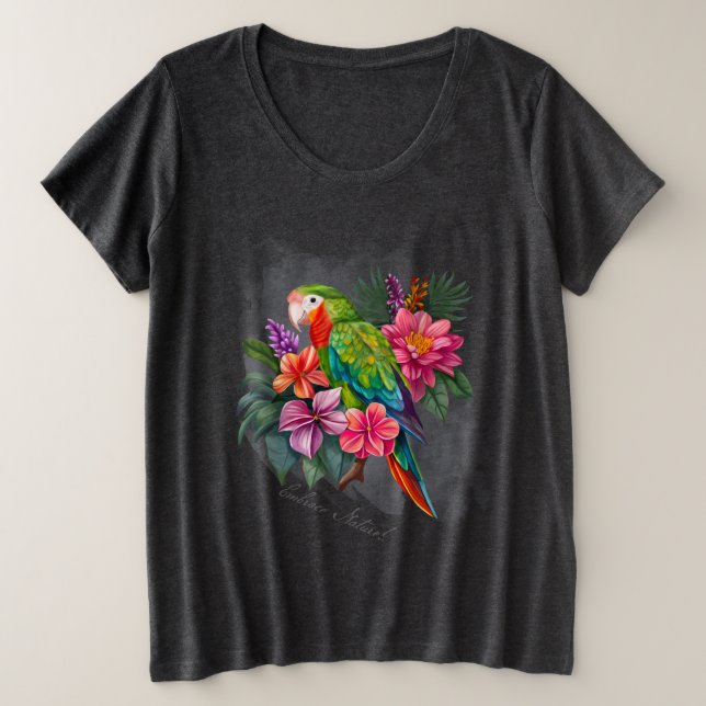 Camiseta Papagaio com Flores Tropicais - Abraçar Natureza (Frente do Design)