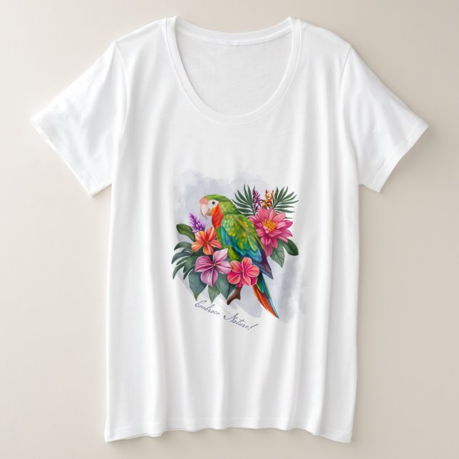 Camiseta Papagaio com Flores Tropicais - Abraçar Natureza (Frente do Design)