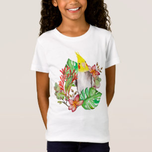 Camiseta Papagaio-de-corela-branca em plantas tropicais e f