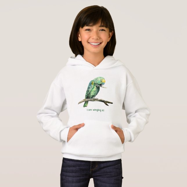 Camiseta Papagaio verde acenando capuz (Frente Completa)