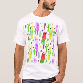 Camiseta Papagaios coloridos, padrão desenhado à mão.