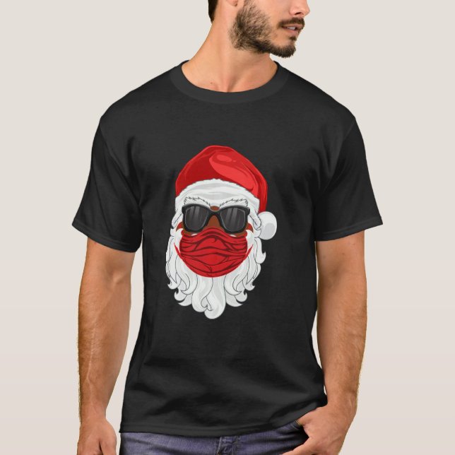 Camiseta Papai Negro Natal 2020 Papai Noel Rosto Máscara (Frente)