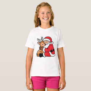 Camiseta Papai Noel Abraçando Rena Animal de Natal Fofo