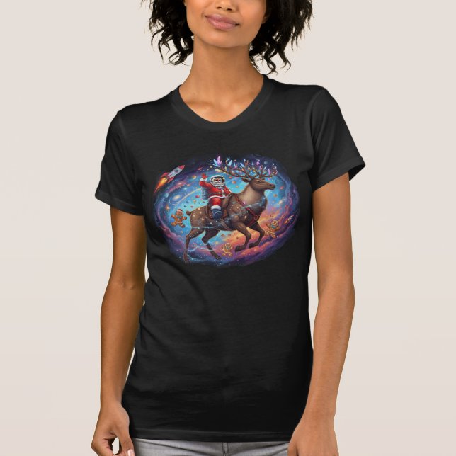 Camiseta Papai Noel Astronauta Montando Rena Voadeira Espaç (Frente)