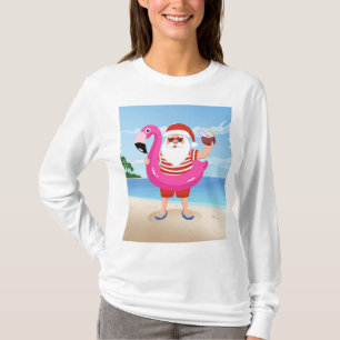 Camiseta Papai Noel com anel inflável flamingo