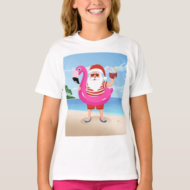 Camiseta Papai Noel com anel inflável flamingo (Frente)