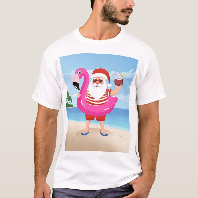 Camiseta Papai Noel com anel inflável flamingo (Frente)
