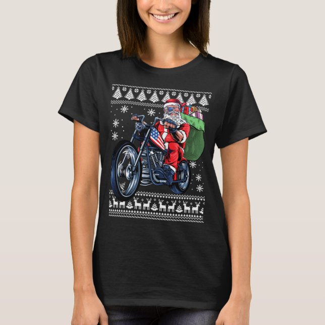 Camiseta Papai Noel Com Árvore De Motocicletas Xmas Fim De  (Frente)