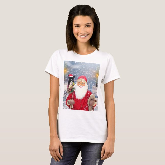 Camiseta Papai Noel com presentes de Natal Bulldog Francês (Frente Completa)