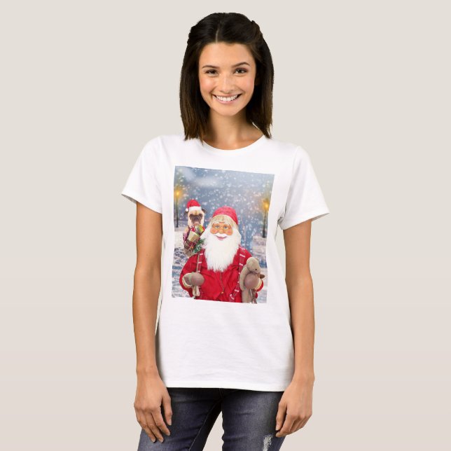 Camiseta Papai Noel com presentes de Natal Cachorro (Frente Completa)