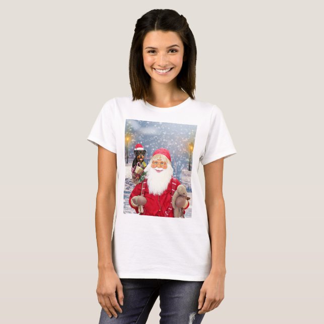 Camiseta Papai Noel com presentes de Natal Cão Rottweiler (Frente Completa)