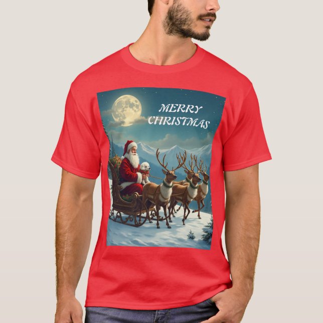 Camiseta Papai Noel com um pequeno cachorro branco (Frente)