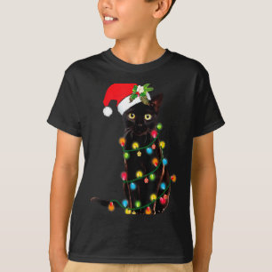 Camiseta Papai Noel de Gato Preto Enroscado Em Luzes De Nat