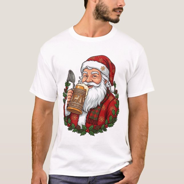 Camiseta Papai Noel de Natal segurando copo de cerveja (Frente)