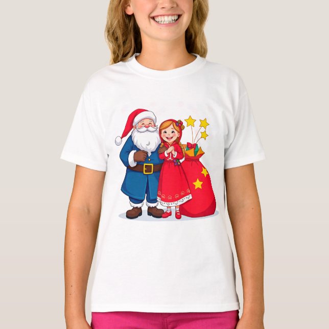Camiseta Papai Noel e Menina com um Saco de Presentes (Frente)