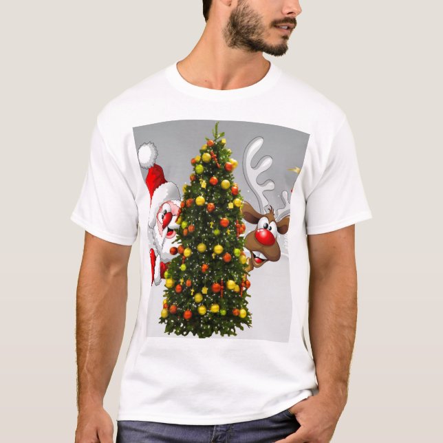 Camiseta Papai Noel e renas atrás de uma árvore de natal.j (Frente)