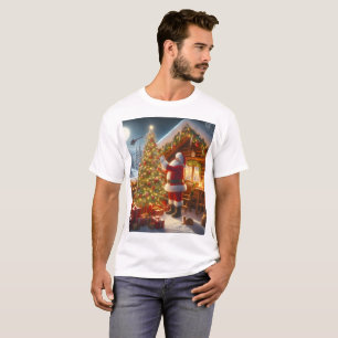 Camiseta Papai Noel em frente a uma árvore de natal
