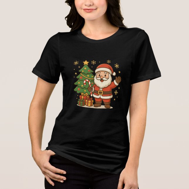 Camiseta Papai Noel Fofo Com Árvore de Natal e Presentes (Frente)