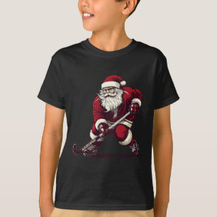 Camiseta Papai Noel Jogando Hóquei em Campo Engraçado Jogo