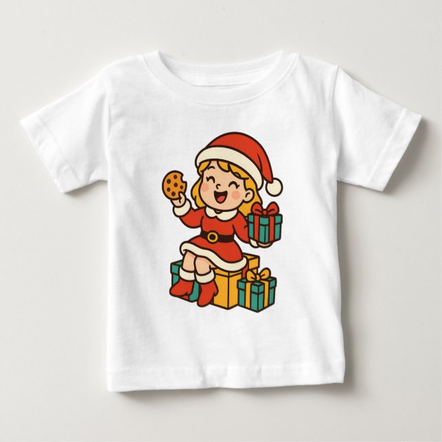 Camiseta Papai Noel Menina com Biscoitos e Presentes (Frente)