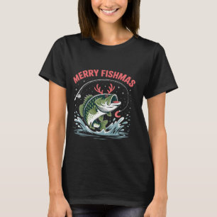 Camiseta Papai Noel Montado em Peixe de Bass Natal Pescaria