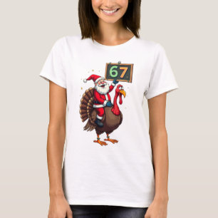 Camiseta 🎅🦃 Papai Noel Montado em um Peru com o Número 67