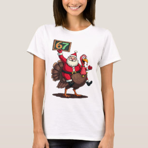 Camiseta 🎅🦃 Papai Noel Montado em um Peru com o Número 67