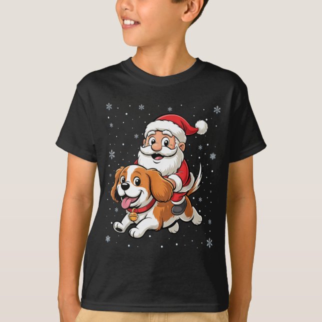 Camiseta Papai Noel montando Cavalier King Charles Spaniel  (Frente)