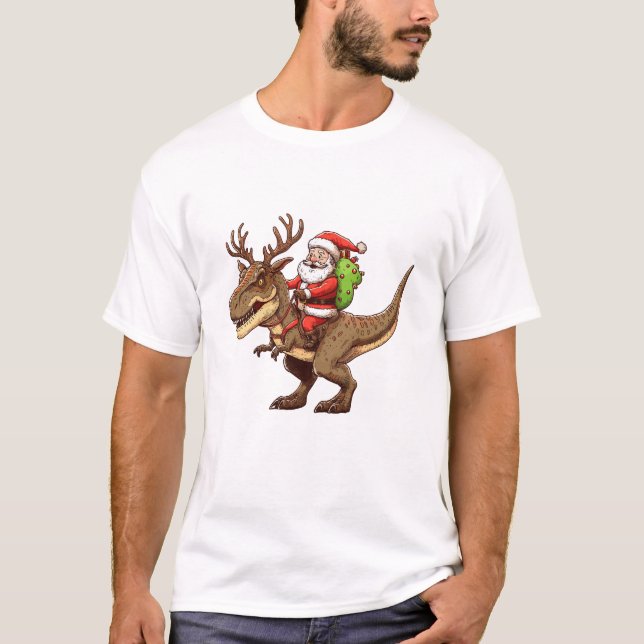 Camiseta Papai Noel montando dinossauro T-Rex (Frente)