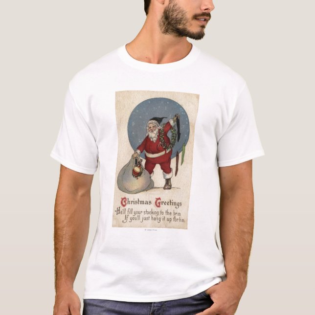 Camiseta Papai noel que enche a meia à borda (Frente)
