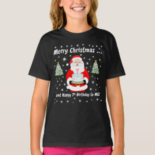 Camiseta Papai Noel segurando bolo de aniversário Feliz Nat