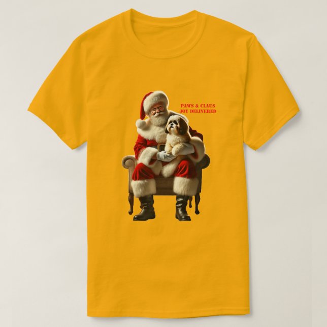 Camiseta Papai Noel Sentado com um URM Xmas Shih Tzu (Frente do Design)