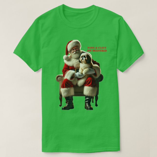 Camiseta Papai Noel Sentado com um URM Xmas Shih Tzu (Frente do Design)