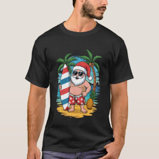 Camiseta Papai Noel Surfando no Pin do Natal na Praia Tropi