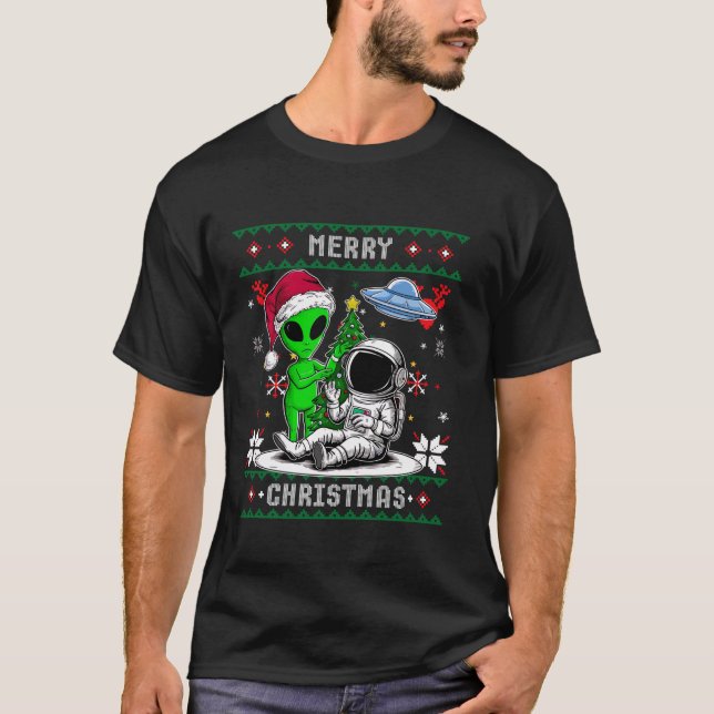 Camiseta Papais noeis alienígenas Astronauta Feliz Árvore d (Frente)