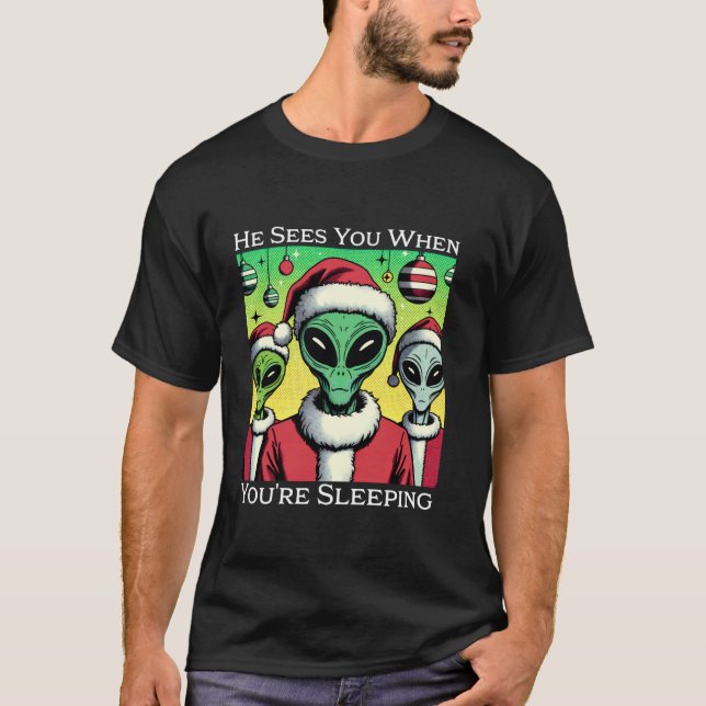 Camiseta Papais noeis Alienígenas Engraçados De Natal Ele V (Frente)