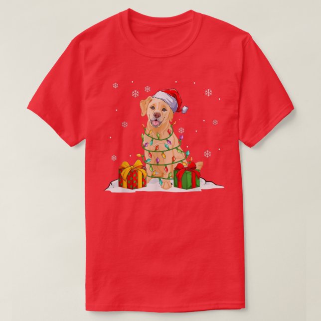 Camiseta Papais noeis Amarelos Labrador Árvore de Natal Luz (Frente do Design)