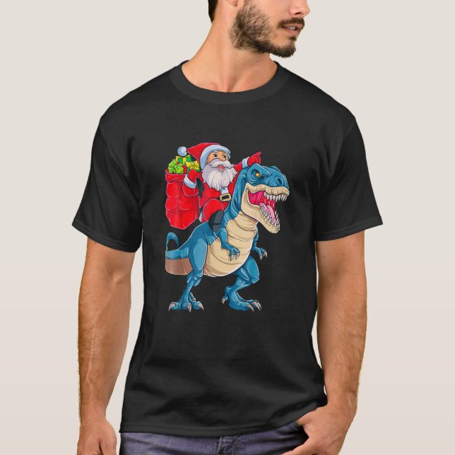 Camiseta Papais noeis Andando Dinossauros T Rex Engraçados  (Frente)