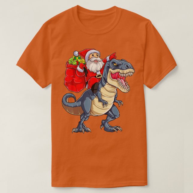 Camiseta Papais noeis Andando Dinossauros T rex natalinos M (Frente do Design)