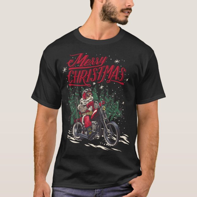 Camiseta Papais noeis Andando No Natal De Motocicleta (Frente)