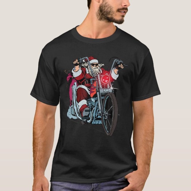 Camiseta Papais noeis Andando No Natal De Motocicleta (Frente)