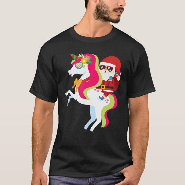 Camiseta Papais noeis Andando no Unicorn Engraçado Cristo d (Frente)