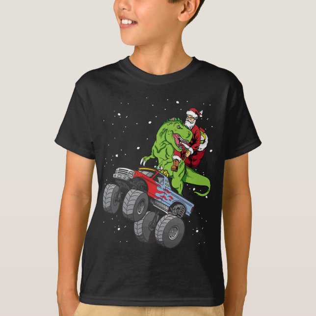 Camiseta Papais noeis Andando T Rex Dinossaur Monster Truck (Frente)