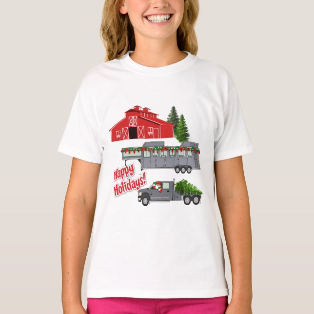 Camiseta Papais noeis Barn Truck Horse Trailer de Natal (Frente)