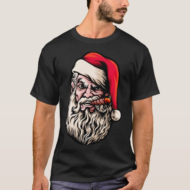 Camiseta Papais noeis Beard Charutos Engraçados Fumaça Nata (Frente)