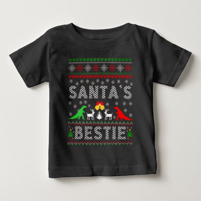 Camiseta Papais noeis Bestie Dino Winter Christmas Ugly Swe (Frente)