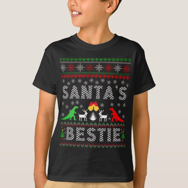 Camiseta Papais noeis Bestie Dino Winter Christmas Ugly Swe (Frente)