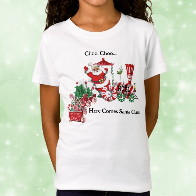 Camiseta Papais noeis bonitos em canas doces de cartas de t (Here comes Santa on peppermint candy Christmas train on kids holiday tee shirt.)