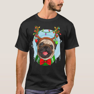 Camiseta Papais noeis bonitos Pug Costume Luzes Xmas Árvore