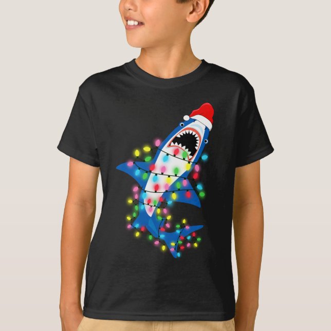 Camiseta Papais noeis bonitos Tubarão Luzes de Natal Garoto (Frente)